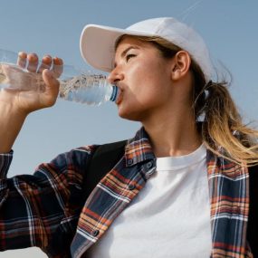 A woman in a baseball cap drinks water from a bottle under a clear blue sky.